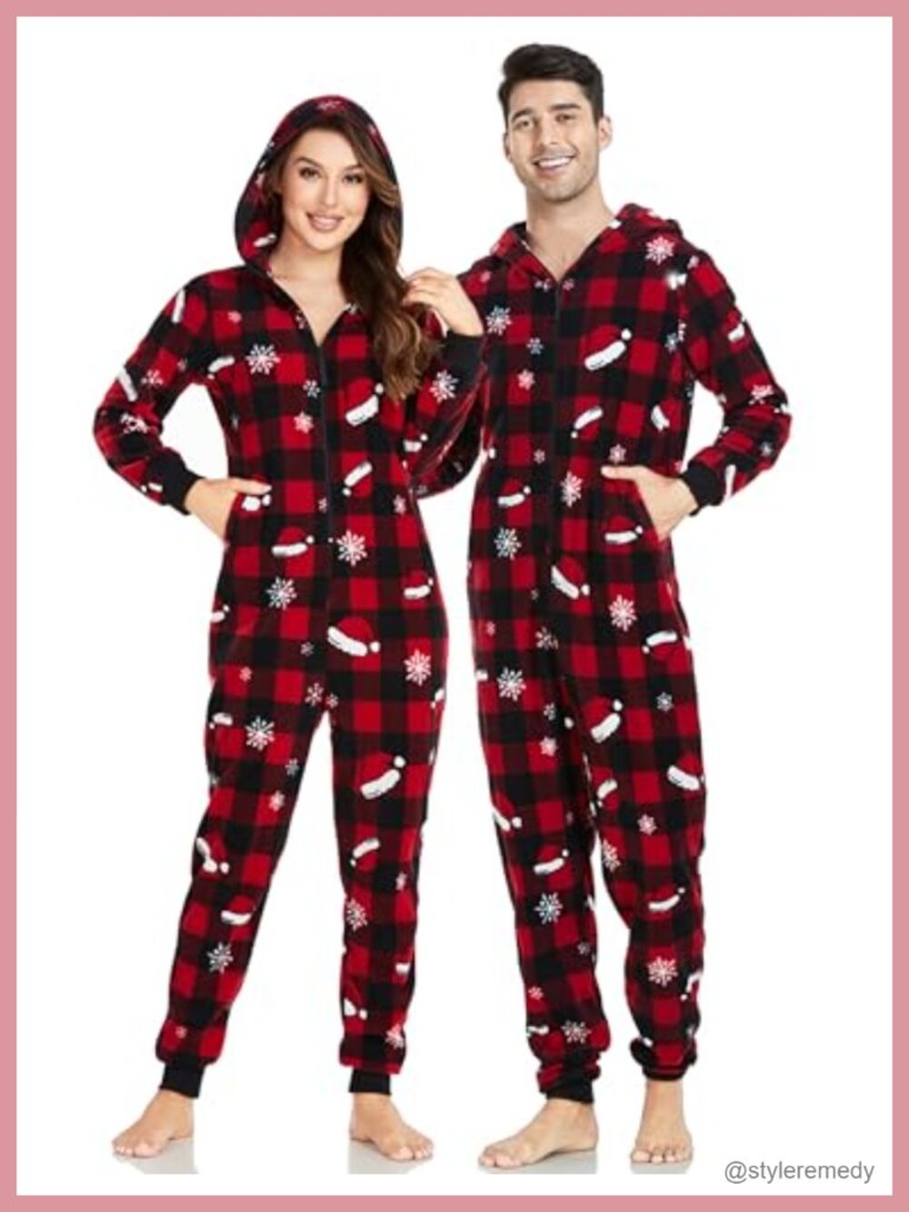 Hooded Fleece Christmas Onesie Pajamas Plaid One-Piece Zip Loungewear
